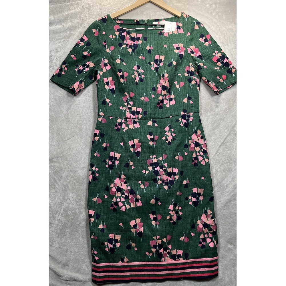 Boden Fleur Dress 12 Green Pink Floral Textured Short Sleeve Women's